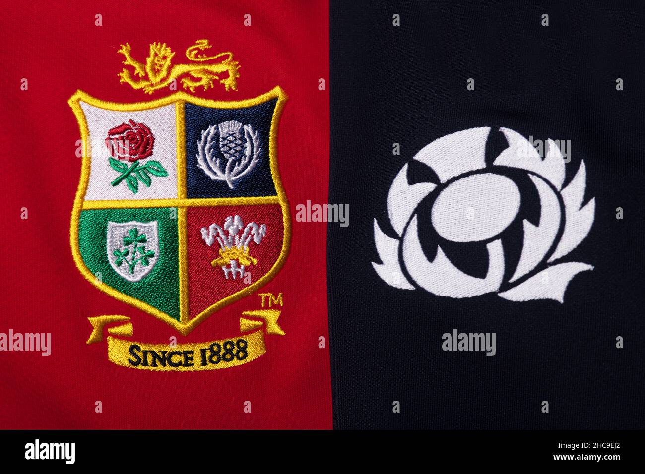 Primo piano della maglia britannica e irlandese Lions e scozzese Foto Stock