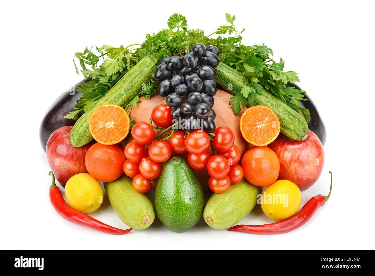 Verdure e frutta isolate su sfondo bianco. Foto Stock