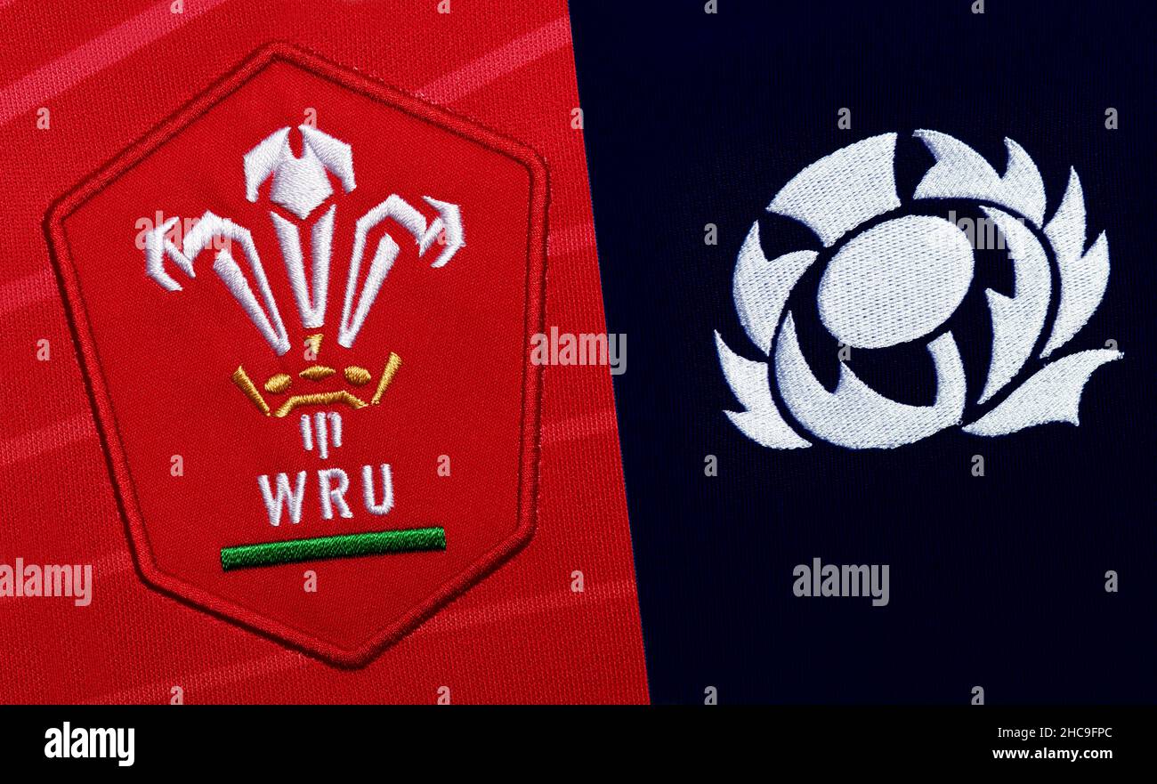 Primo piano della maglia Galles e Scozia Rugby Union Foto Stock