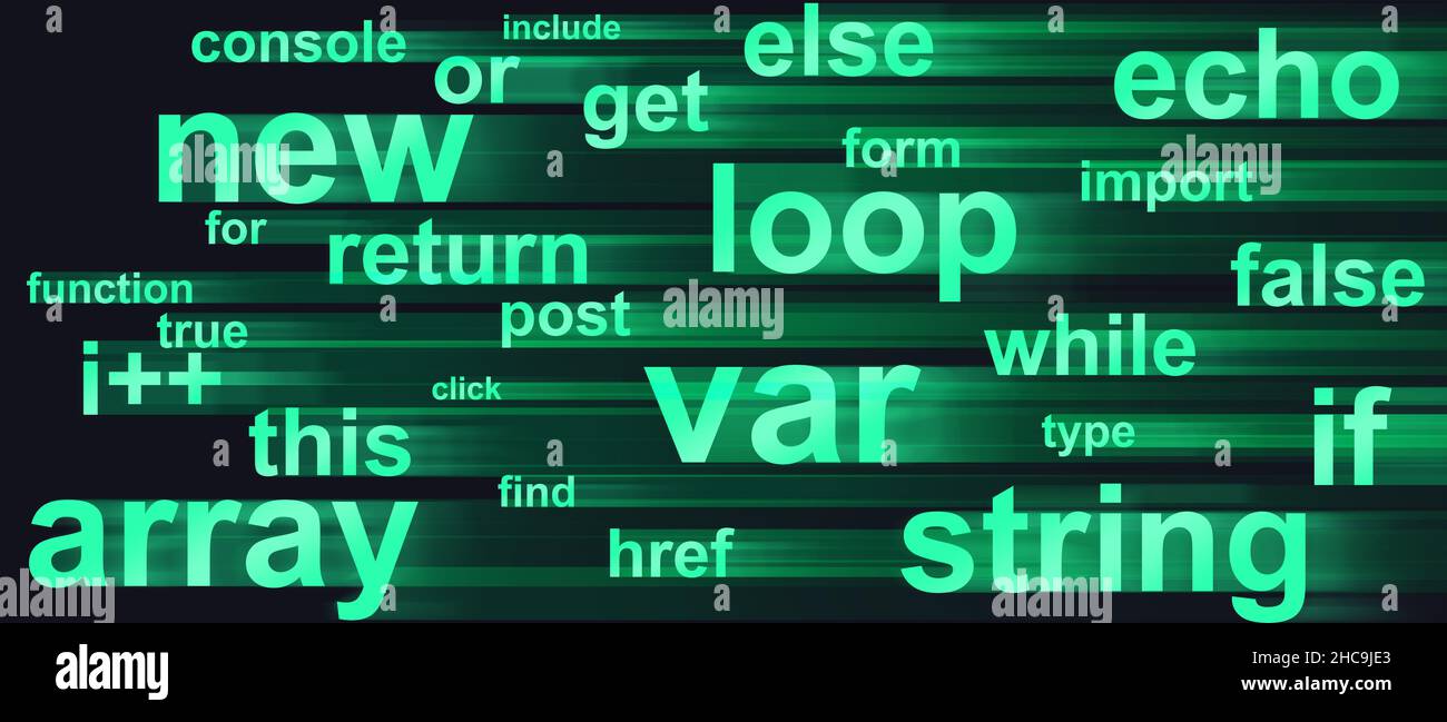 Un tema astratto colorato con frasi provenienti da vari linguaggi di programmazione Foto Stock