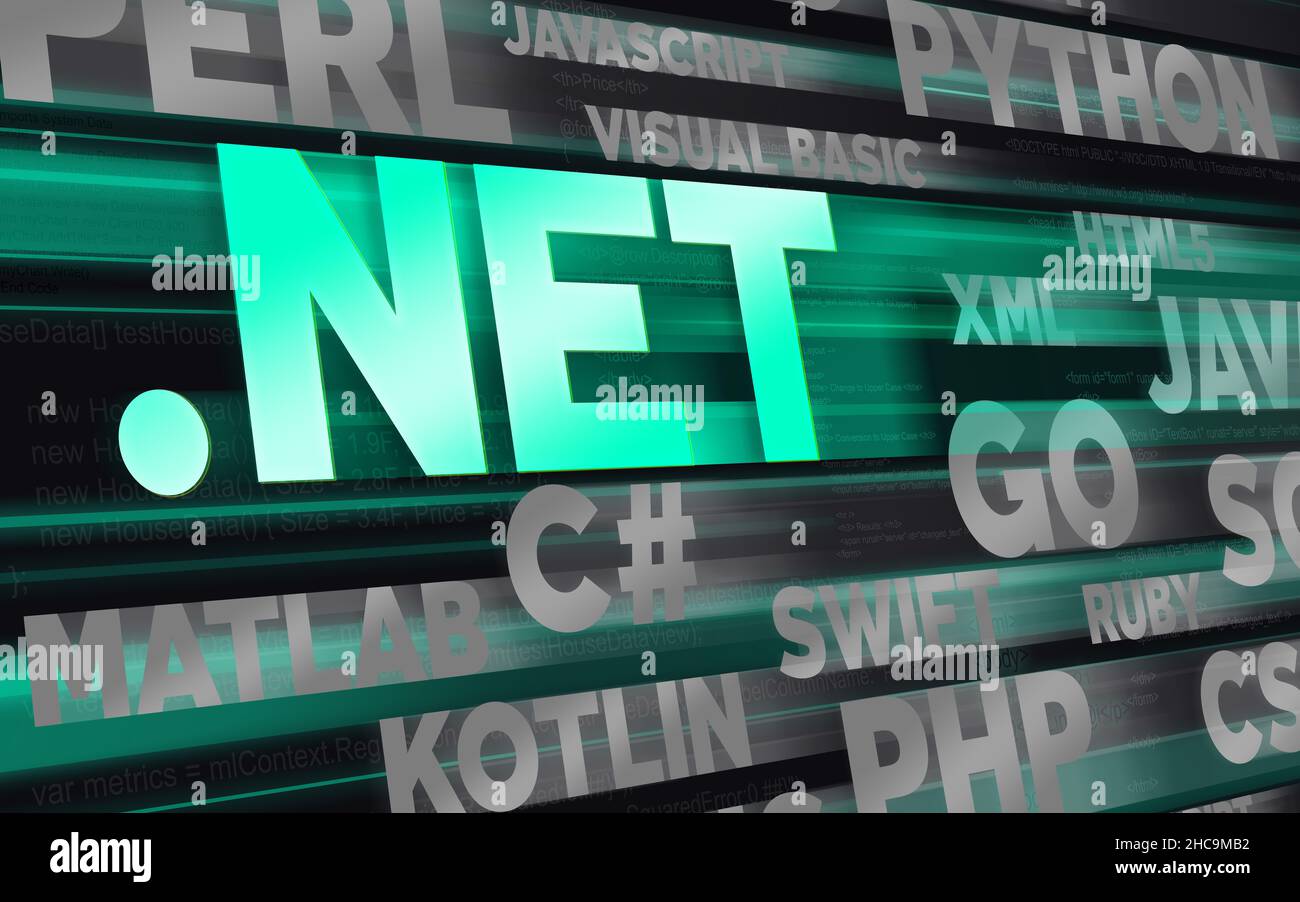 Un tema verde colorato con frasi provenienti da vari linguaggi di programmazione e codice script Foto Stock