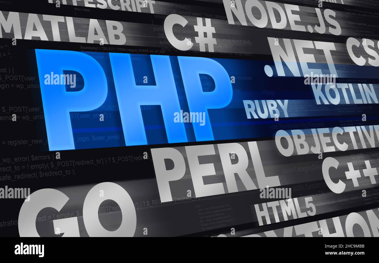Un tema astratto colorato con frasi provenienti da vari linguaggi di programmazione e titolo PHP in primo piano Foto Stock