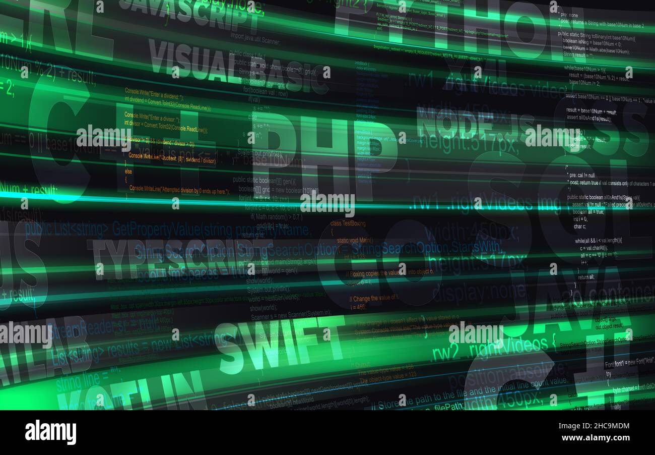 Astratto sfondo oscuro con linguaggi di programmazione script e forme luminose dietro Foto Stock