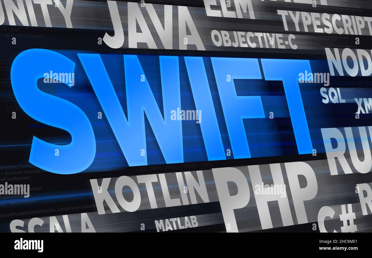 Un tema astratto e colorato con frasi provenienti da vari linguaggi di programmazione e titolo Swift in primo piano Foto Stock