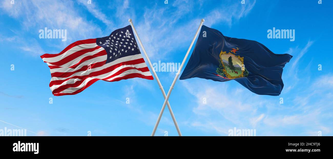 Due bandiere degli Stati Uniti e dello stato del Vermont che ondeggiano nel vento su flagpoli contro il cielo con le nuvole nella giornata di sole. 3d illustrazione Foto Stock