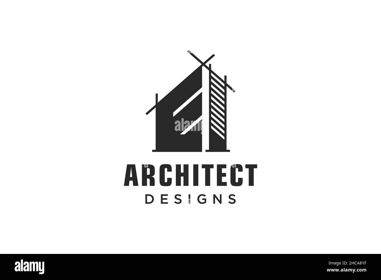 Lettera e edificio semplice e moderno, design con logo e grattacielo line art Illustrazione Vettoriale