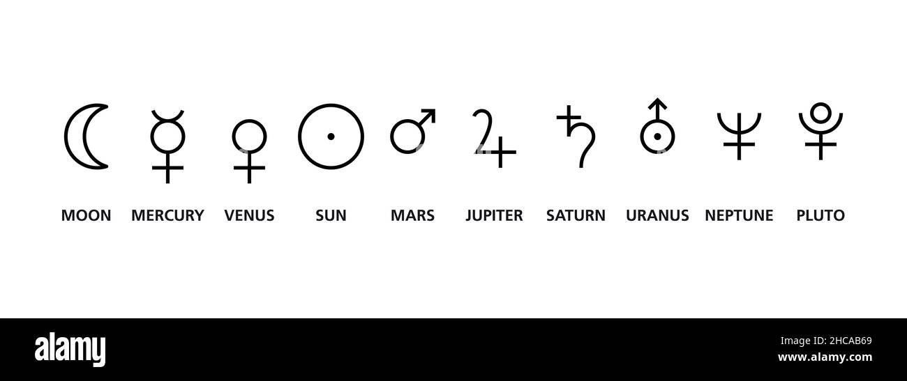 Simboli dei dieci pianeti in astrologia. Mercurio, Venere, Marte, Giove, Saturno, Sole, Luna, Urano, Nettuno e Plutone. Foto Stock