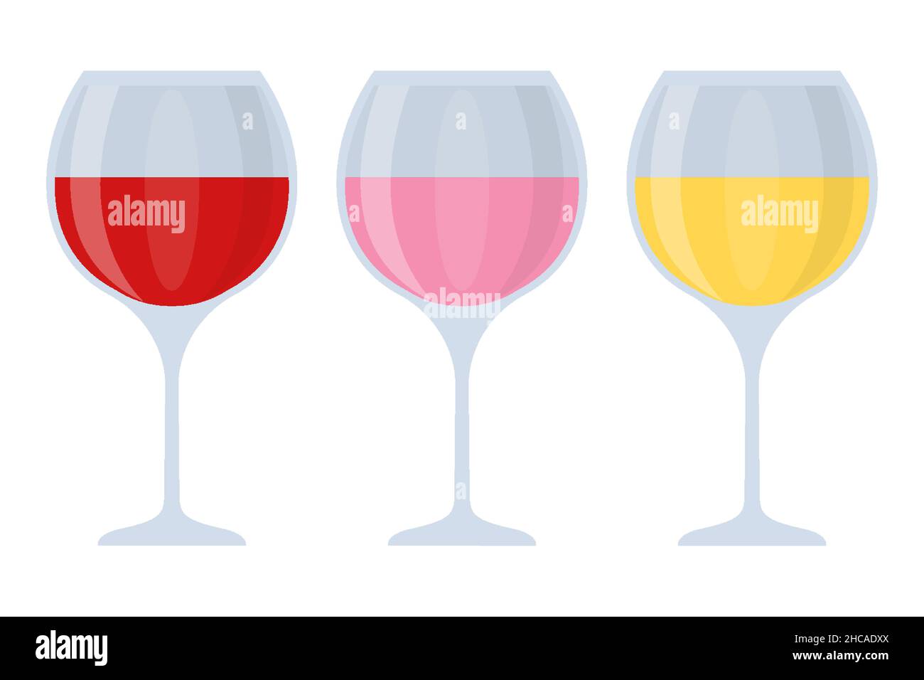 Tre bicchieri sottili di vetro con vino, bianco, rosso, rosa piatto set. Cups con ombre e luci. Oggetto di design, elementi decorativi per il menu e il ristorante. Adatto per il logo del marchio. Illustrazione vettoriale Illustrazione Vettoriale