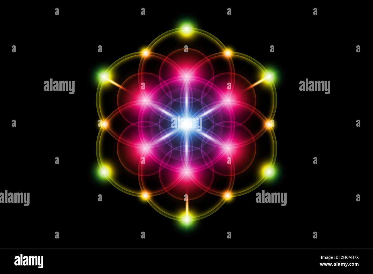 Seme di vita, geometria sacra, fiore di vita, Metatroni Cubo colorato gradiente luce logo simbolo di armonia e equilibrio, incandescente ornamento geometrico Illustrazione Vettoriale