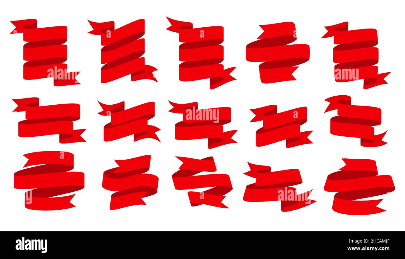 Nastro rosso vacanza vendita festa scorrevole set piatto. Forma banner vendita vintage. Elemento di design del sito festivo. News cartolina sconto decorazione di natale. Tag araldico luminoso isolato su sfondo bianco Illustrazione Vettoriale