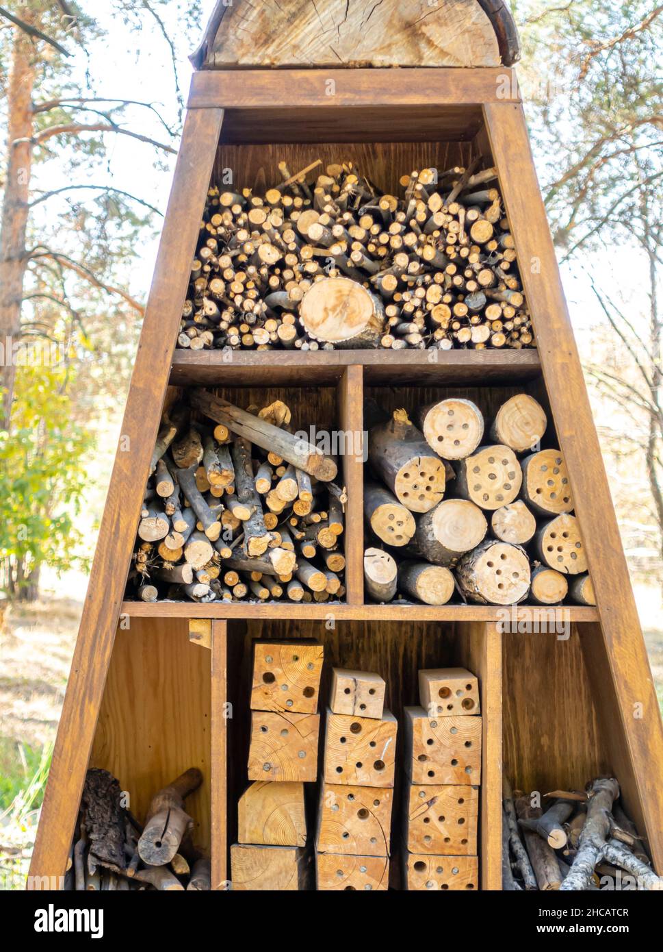 Bug Hotel nel giardino botanico di Almaty. Legno Insect hotel o casa costruita per fornire riparo per insetti con opzioni per nascondere o over-wintering Foto Stock