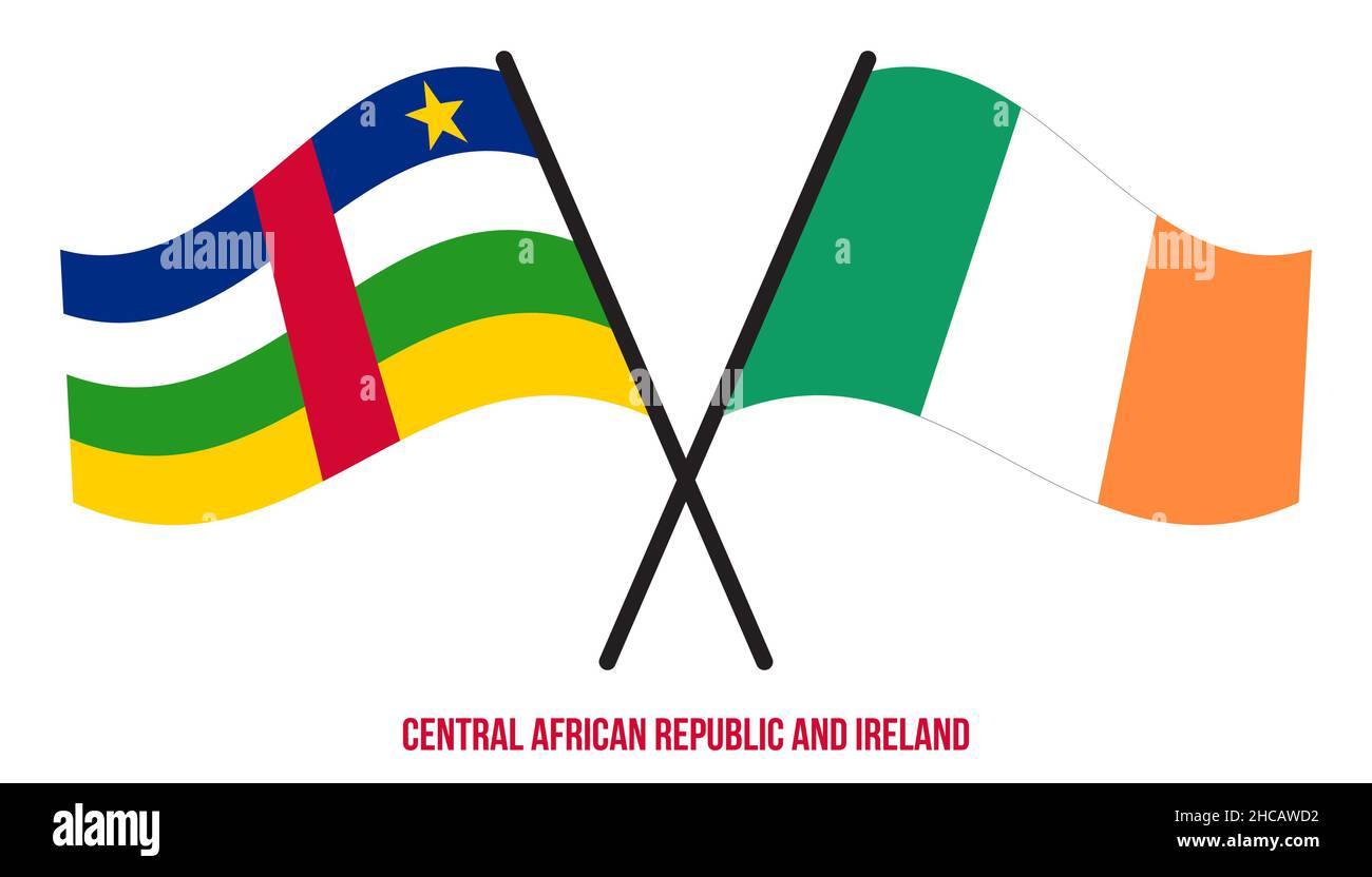 Repubblica Centrafricana e Irlanda Bandiere attraversate e ondeggianti stile piatto. Proporzione ufficiale. Illustrazione Vettoriale