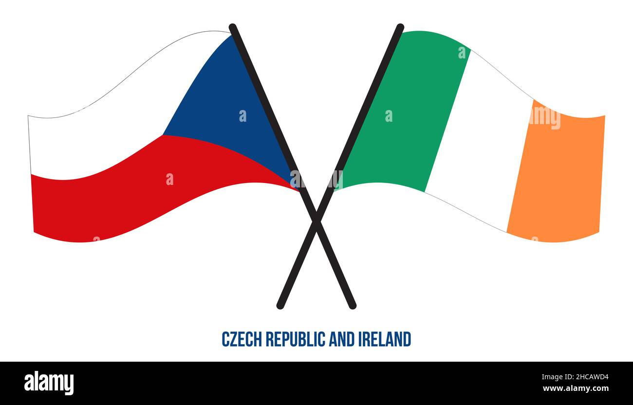 Repubblica Ceca e Irlanda Bandiere attraversate e ondeggianti stile piatto. Proporzione ufficiale. Colori corretti. Illustrazione Vettoriale