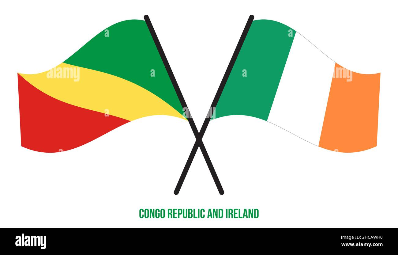 Congo Repubblica e Irlanda Bandiere attraversate e ondeggianti stile piatto. Proporzione ufficiale. Colori corretti. Illustrazione Vettoriale