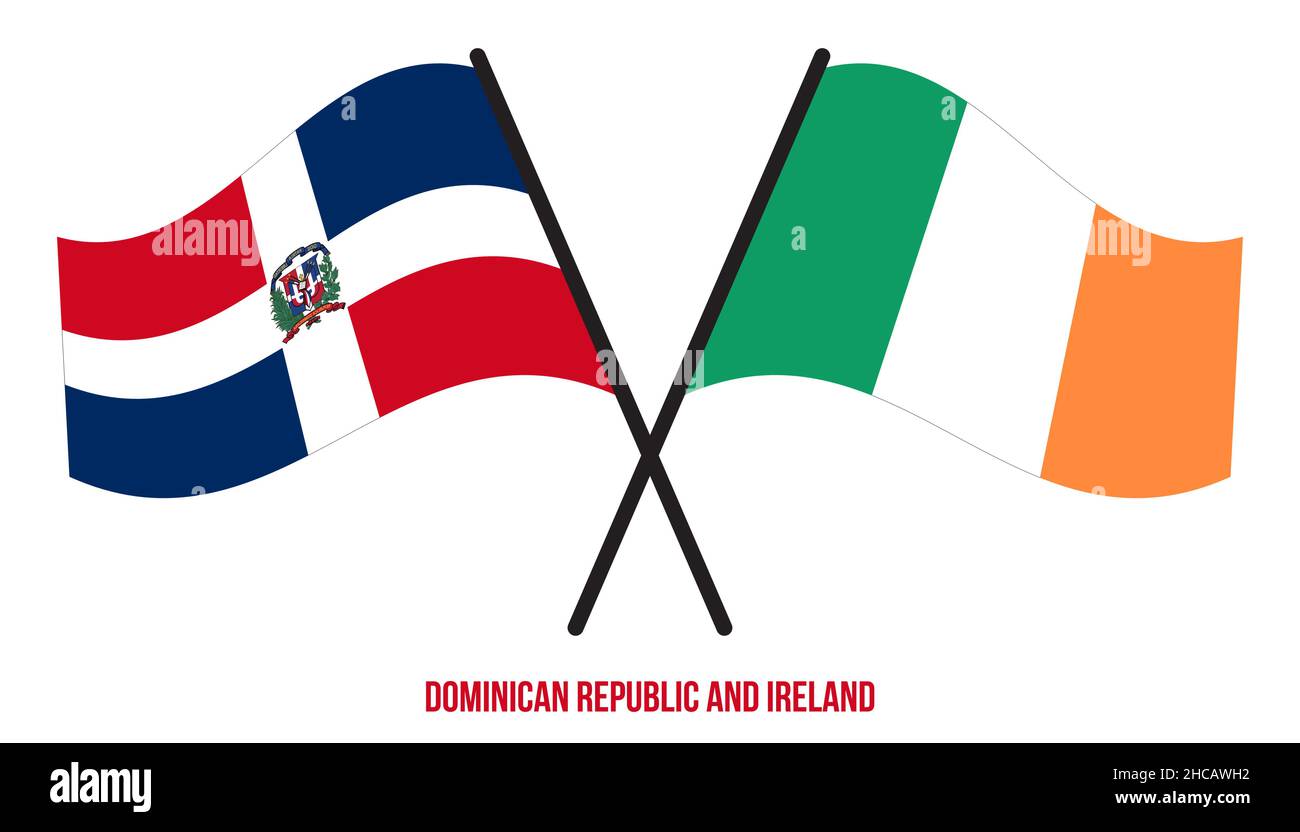 Repubblica Dominicana e Irlanda Bandiere attraversate e ondeggianti stile piatto. Proporzione ufficiale. Illustrazione Vettoriale