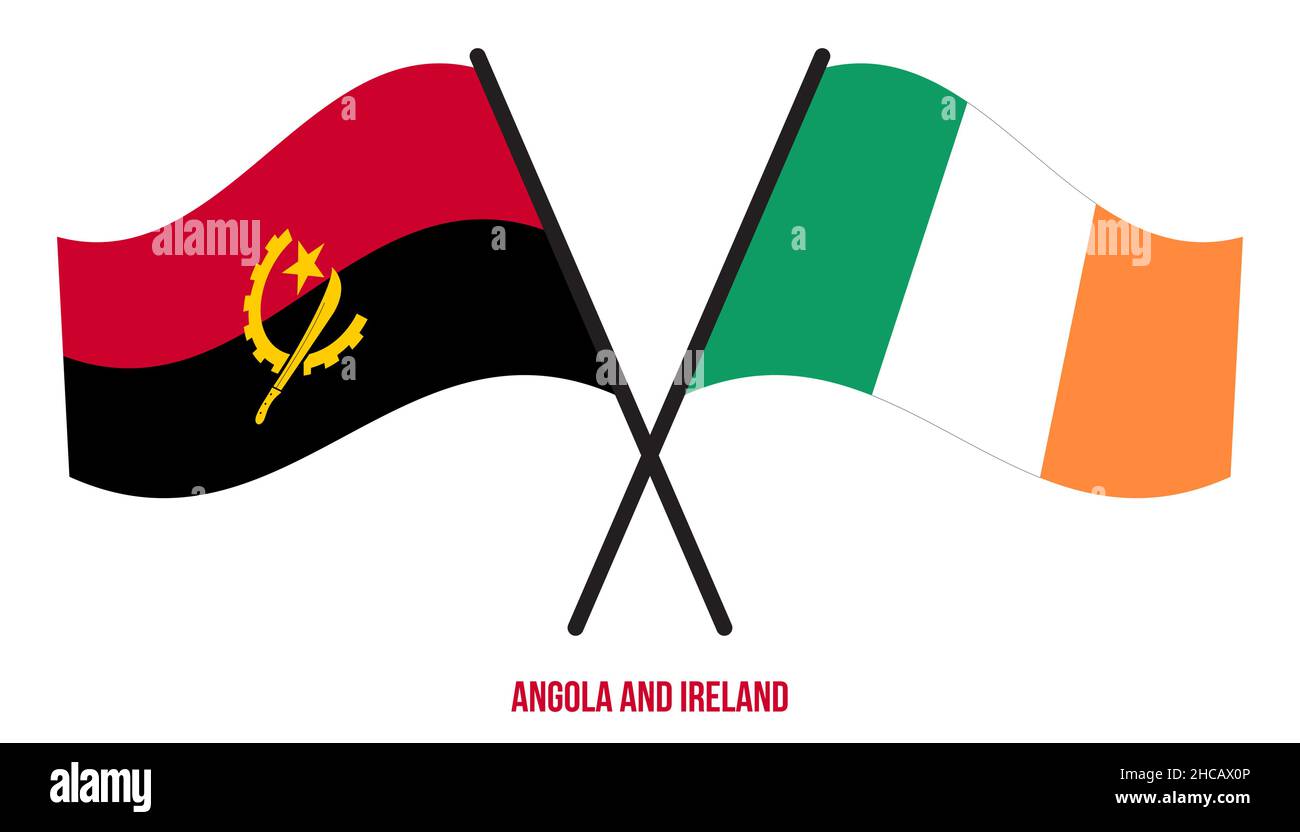Angola e Irlanda Bandiere attraversate e ondeggianti stile piatto. Proporzione ufficiale. Colori corretti. Illustrazione Vettoriale