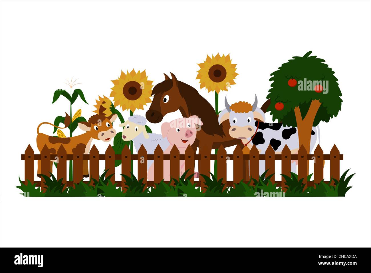 Animali da fattoria, mucca e vitello, maiale, pecora, cavallo sono in piedi alla recinzione, girasoli, mais, melo albero sono in fiore. Illustrazione Vettoriale