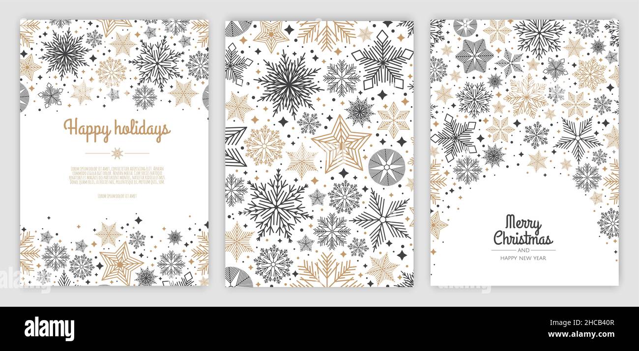 Buon Natale e Felice anno nuovo set di biglietti d'auguri, poster, copertine per le feste. Xmas Design con splendidi fiocchi di neve in stile moderno. Illustrazione Vettoriale