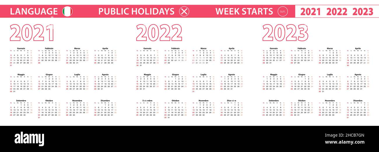 Calendario vettoriale di 2021, 2022, 2023 anni in lingua italiana, la settimana inizia la domenica. Calendario vettoriale. Illustrazione Vettoriale