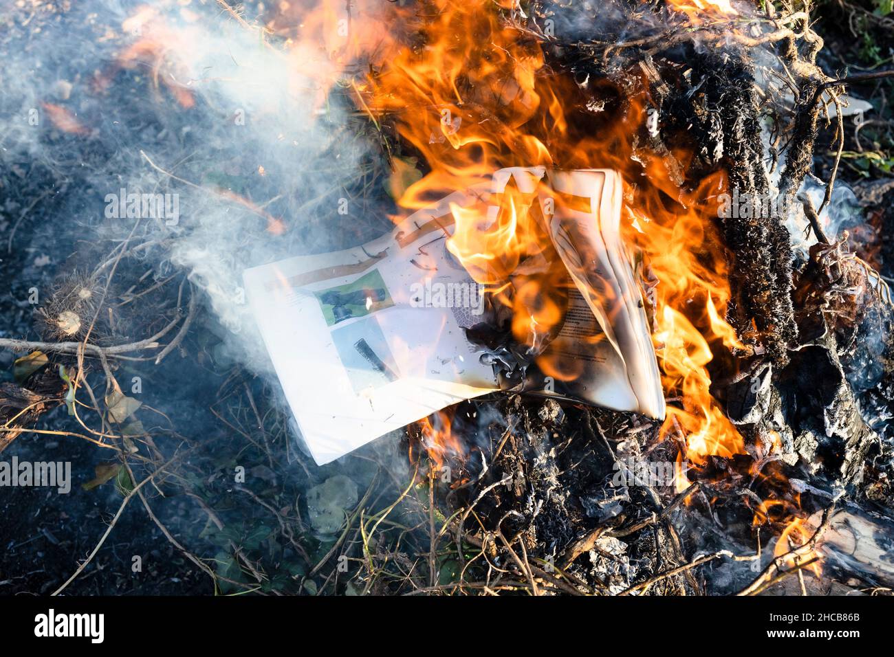fotographia bruciante rivista in fuoco su mucchio di rami rifiniti in giardino di campagna in giorno di sole Foto Stock