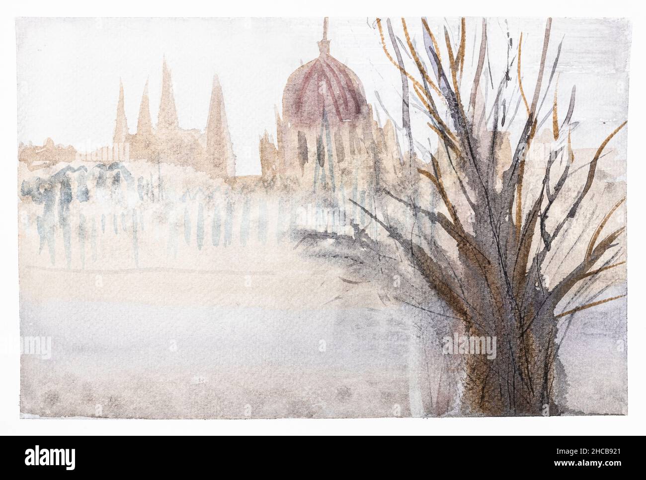 Vista dell'edificio del Parlamento Ungherese nella torbida mattina d'inverno disegnata a mano da acquerelli su carta bianca Foto Stock
