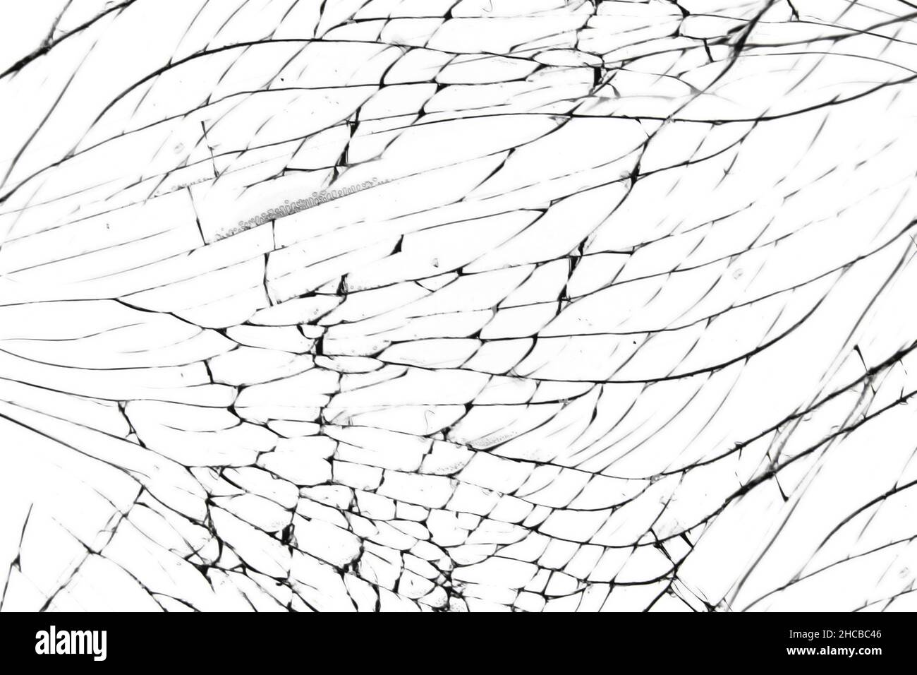 Struttura incrinata di uno schermo rotto di uno smartphone o di un tablet. Sfondo di vetro rotto su bianco Foto Stock