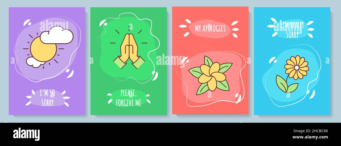 Spiacenti, biglietto di auguri con elemento icona a colori impostato Illustrazione Vettoriale