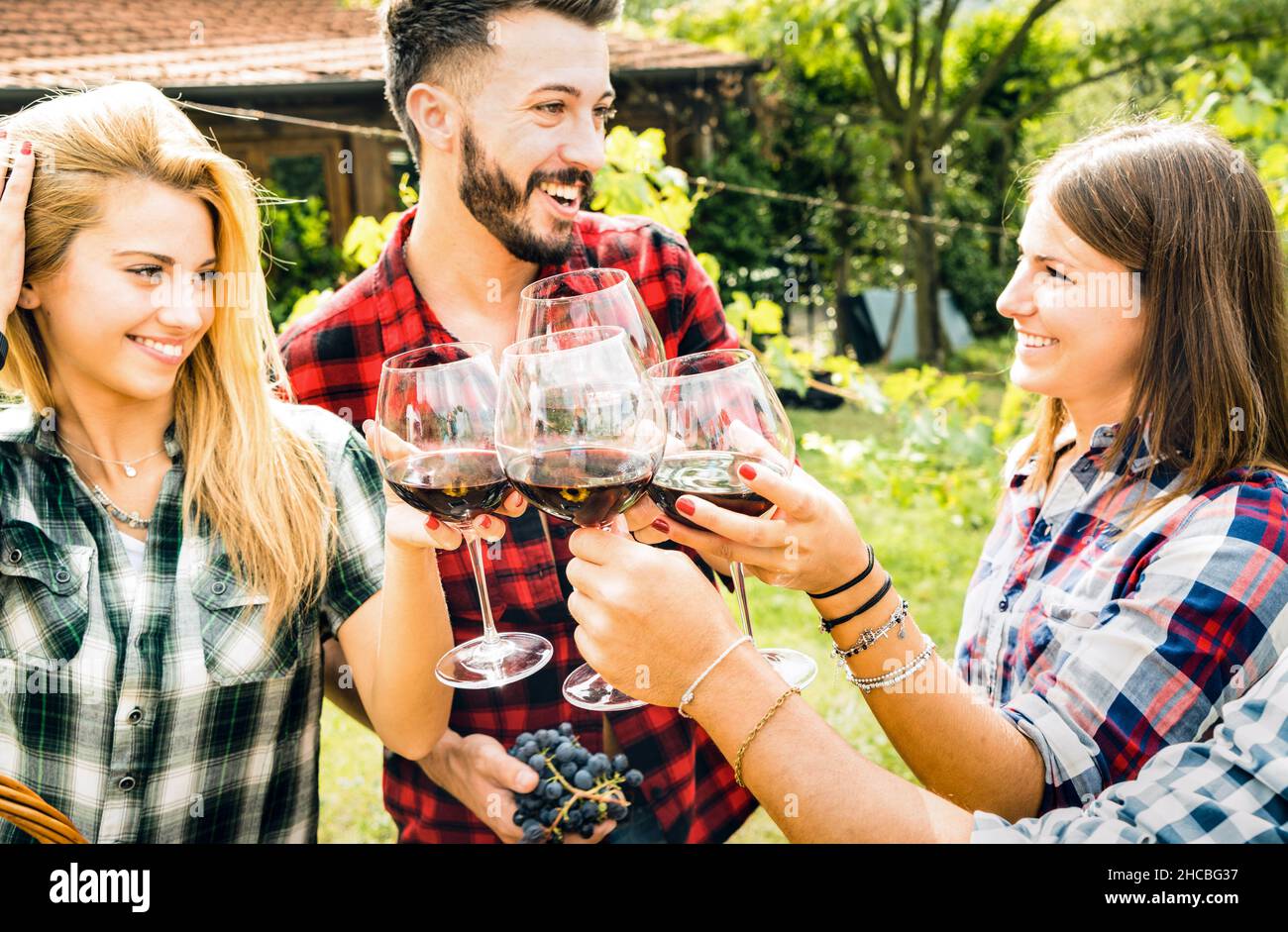 Amici felici divertirsi e bere vino rosso in fattoria - concetto di amicizia con i giovani che godono il tempo di raccolta dell'uva insieme al vigneto Foto Stock