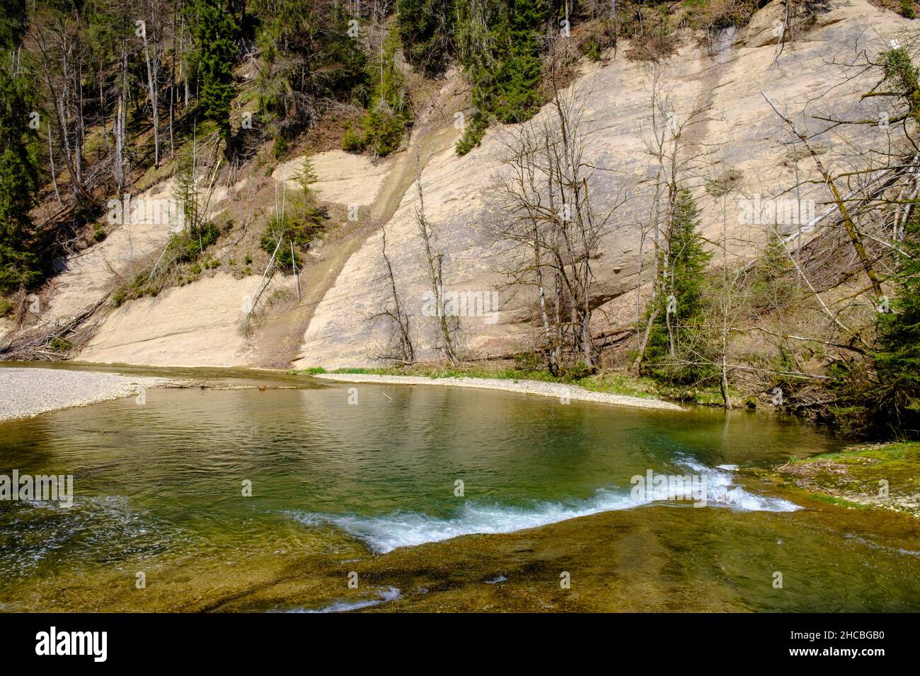 Acqua fluente al fiume Obere argen in Swabia, Baviera, Germania Foto Stock