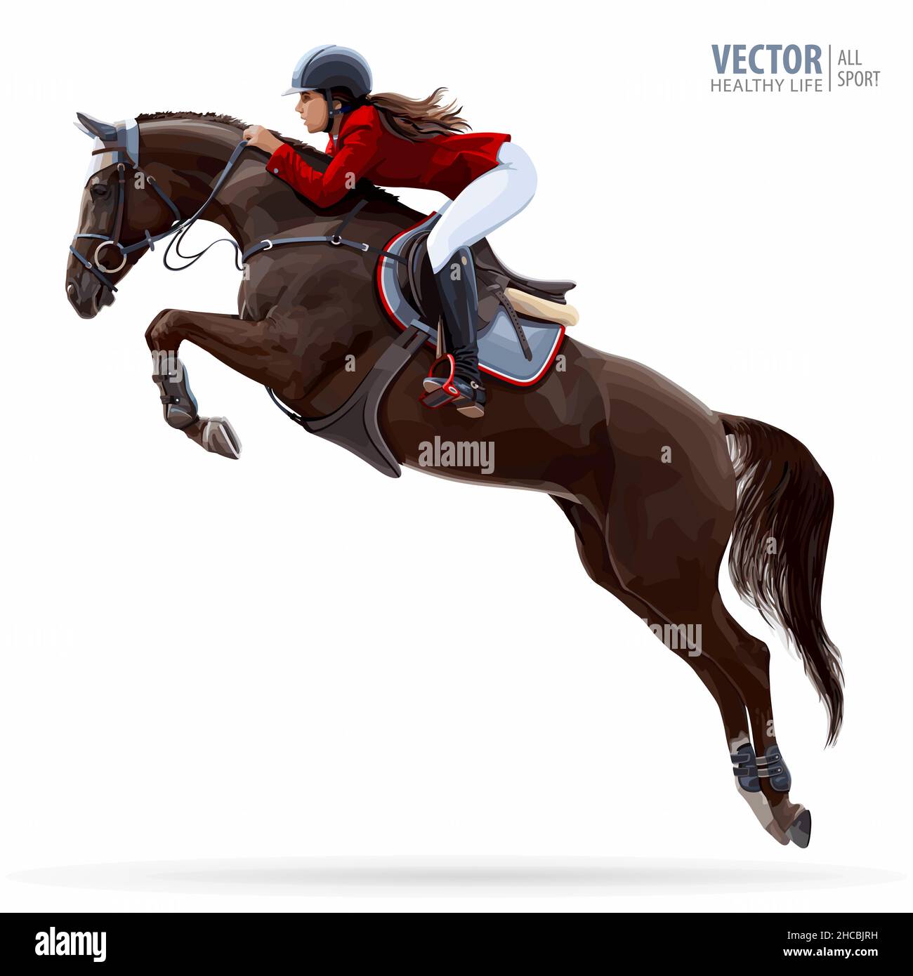 Jockey a cavallo. Campione. Equitazione. Sport equestre. Jockey cavallo salto cavallo. Poster. Sfondo sportivo. Illustrazione del vettore isolato Illustrazione Vettoriale