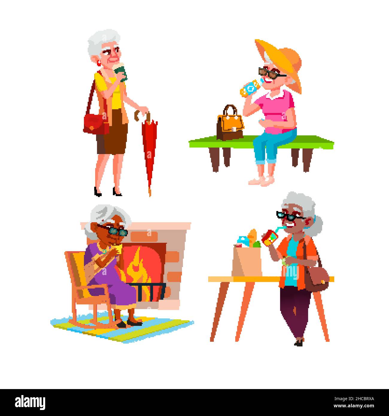 Old Women Hold Cup e drink set Vector Illustrazione Vettoriale