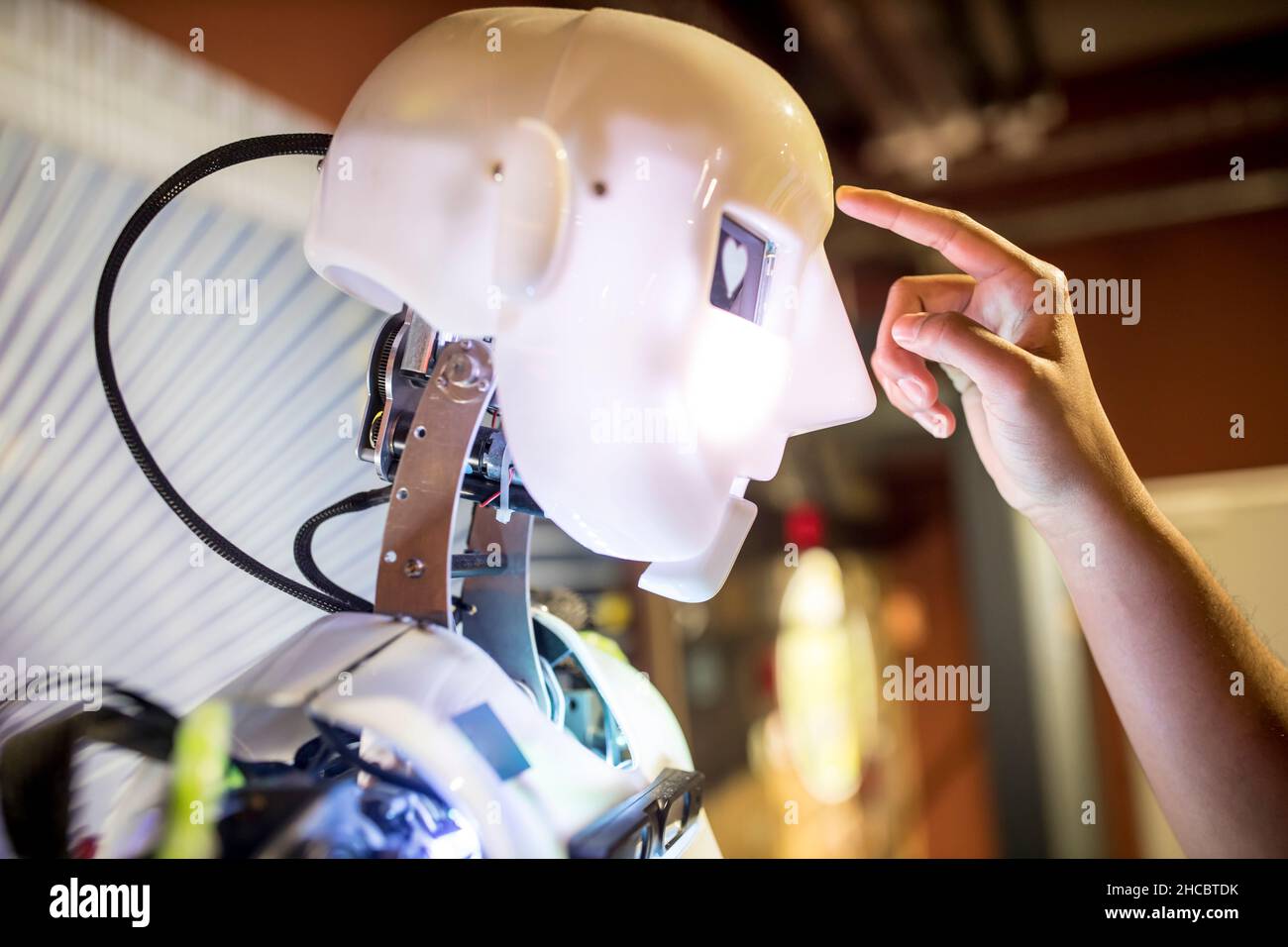 Lo sviluppatore tocca il robot umano in officina Foto Stock