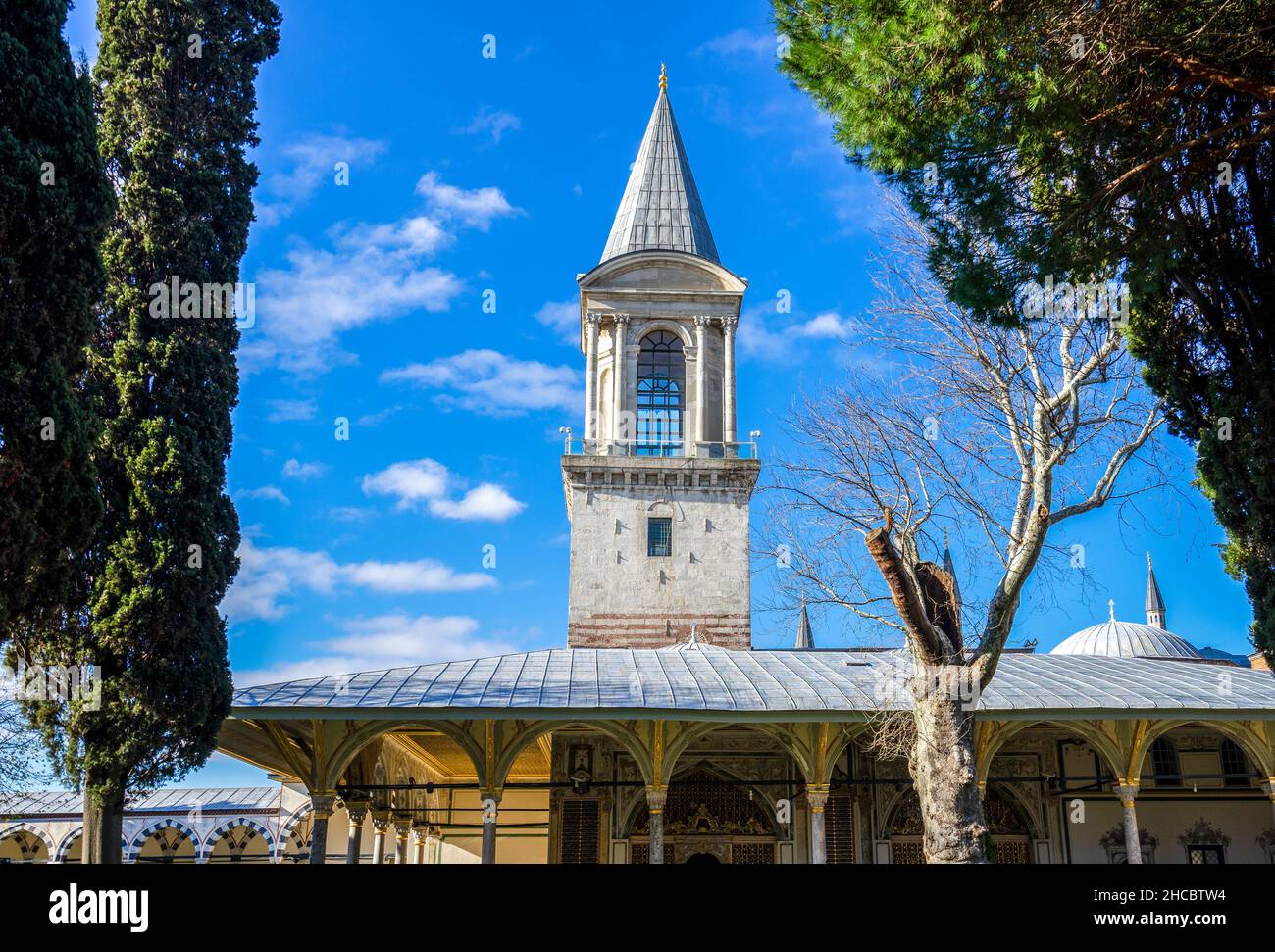 Vista del Palazzo Topkapi tra gli alberi di Istanbul. Il Palazzo Topkapi fu sede di tutti i sultani ottomani per un periodo di quasi quattro secoli. Foto Stock