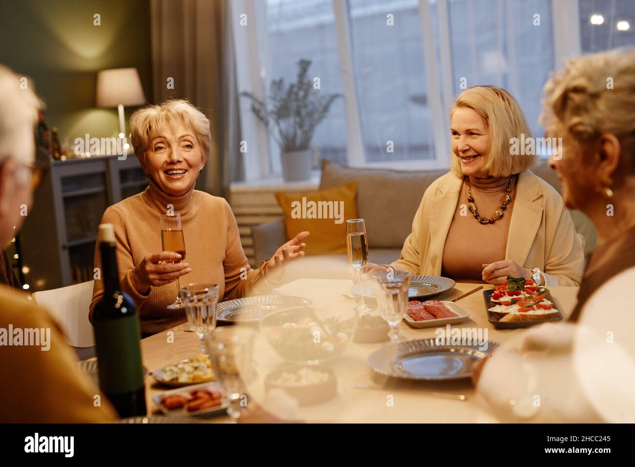 Il gruppo di amici anziani si è riunito al tavolo da pranzo e ha cenato di festa. Bella donna invecchiata che fa toast Foto Stock
