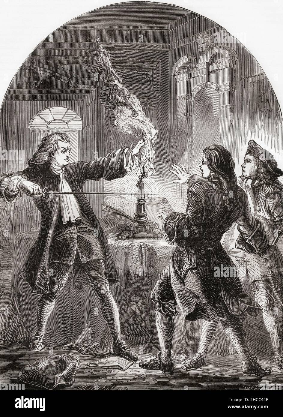 Kelly che brucia le carte preziose, 1722. George Kelly, 1688-1762. Clergyman protestante irlandese e uno dei sette uomini di Moidart, nel folklore giacobita, sette seguaci di Charles Edward Stuart. Dalla storia illustrata dell'Inghilterra di Cassell, pubblicato c.1890. Foto Stock