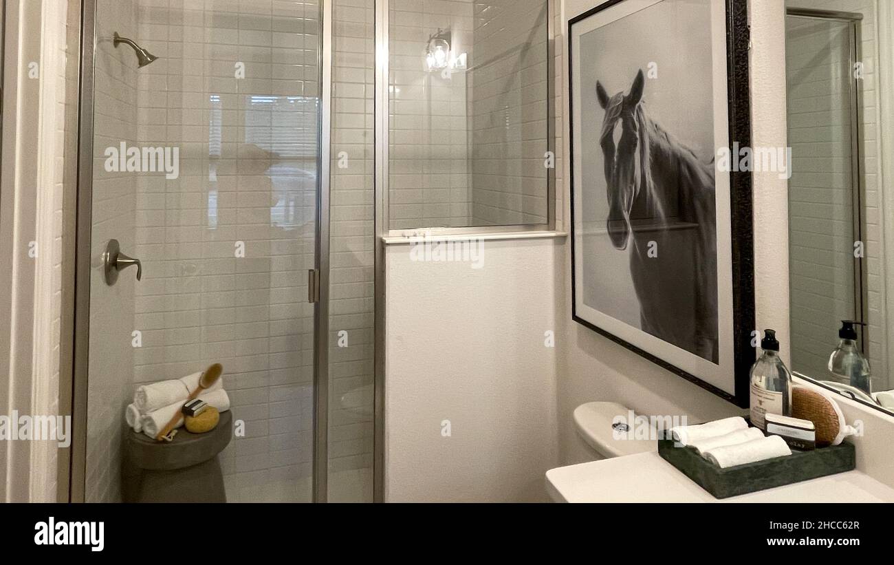 Orlando, FL USA - 6 febbraio 2021: Una stanza da bagno in una casa modello condominio. Foto Stock