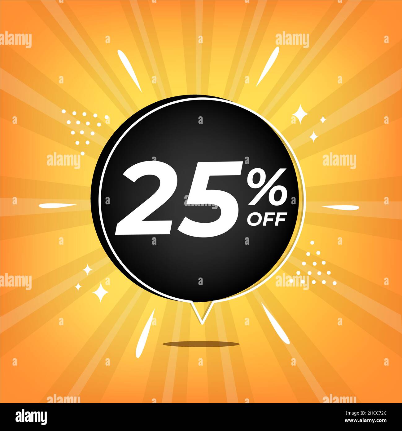25% di sconto. Banner giallo con venticinque per cento di sconto su una mongolfiera nera per grandi vendite mega. Illustrazione Vettoriale