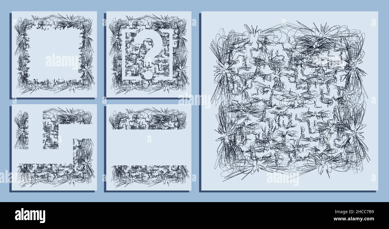 sfondi quadrati astratti di piccole linee di loop caotiche disegnate a mano. Casualmente i bambini scarabocchi di scribble. Vettore isolato Illustrazione Vettoriale