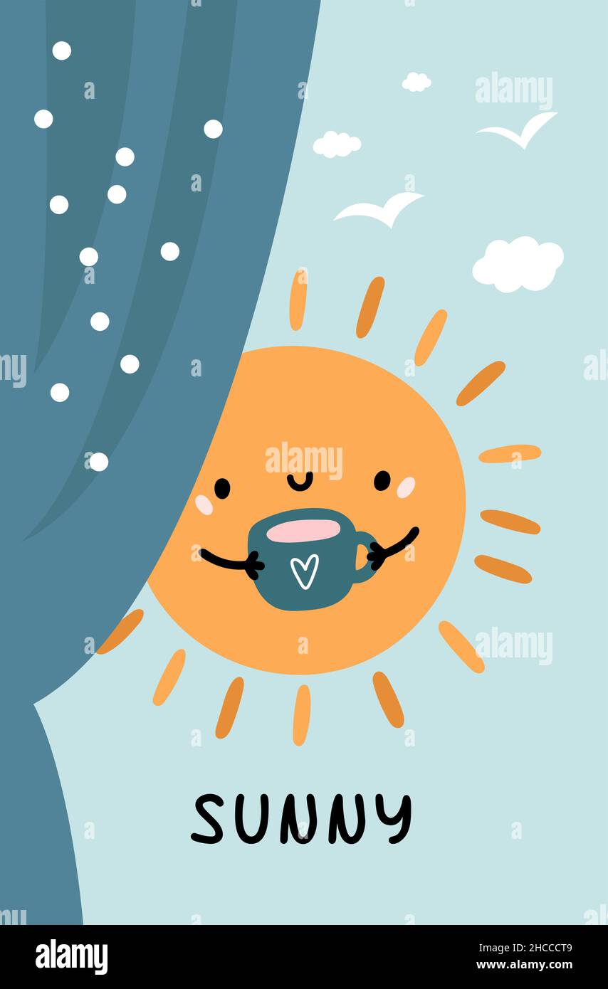 Poster del giorno di sole. Cute sole del mattino che guarda nella finestra Illustrazione Vettoriale