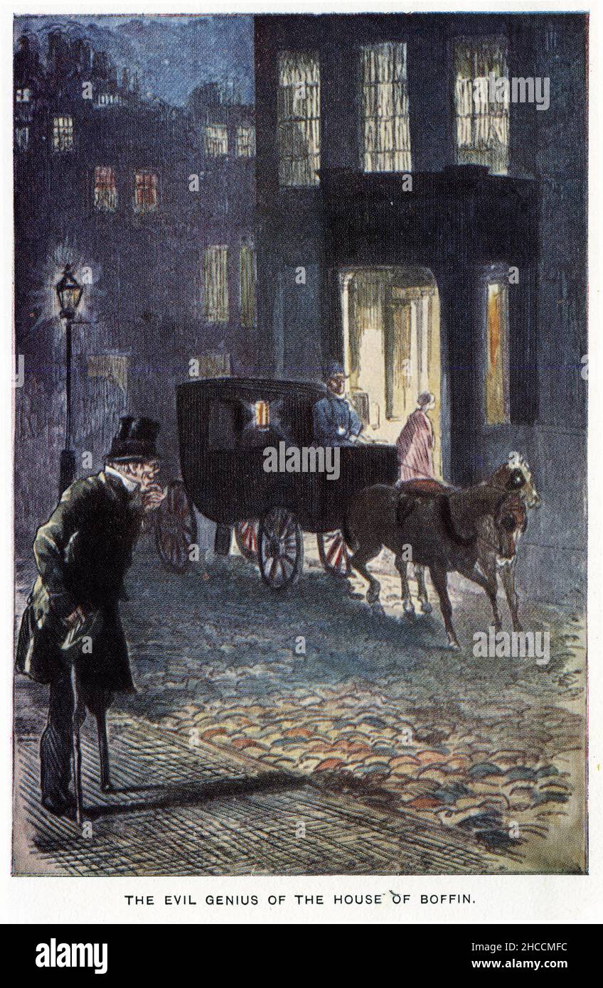 Incisione del genio malvagio della casa di boffin, una scena da un libro di epoca vittoriana di Charles Dickens, pubblicato circa 1908 Foto Stock