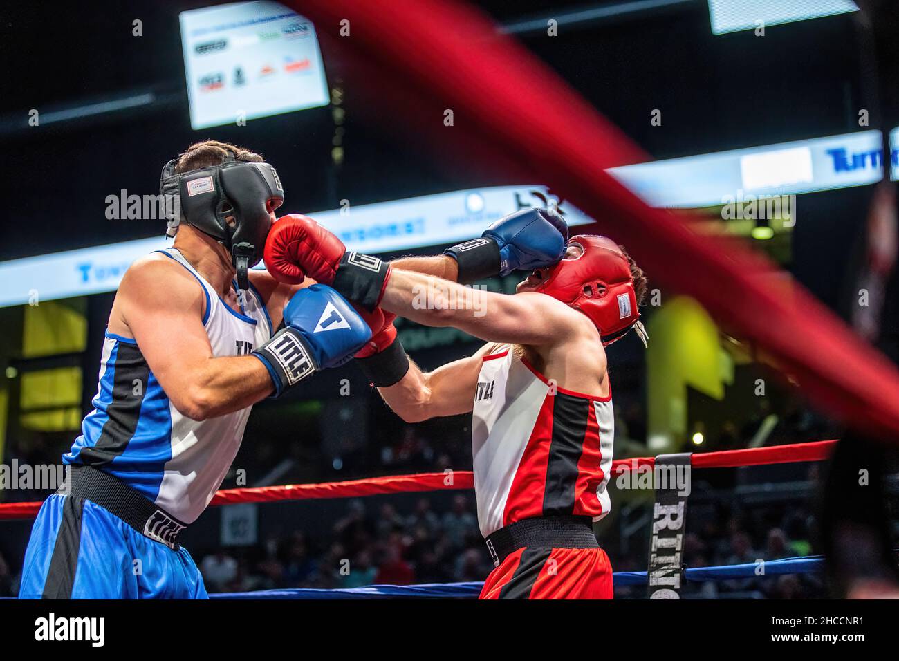 Partita di boxe amatoriale a Omaha, Nebraska, USA Foto Stock