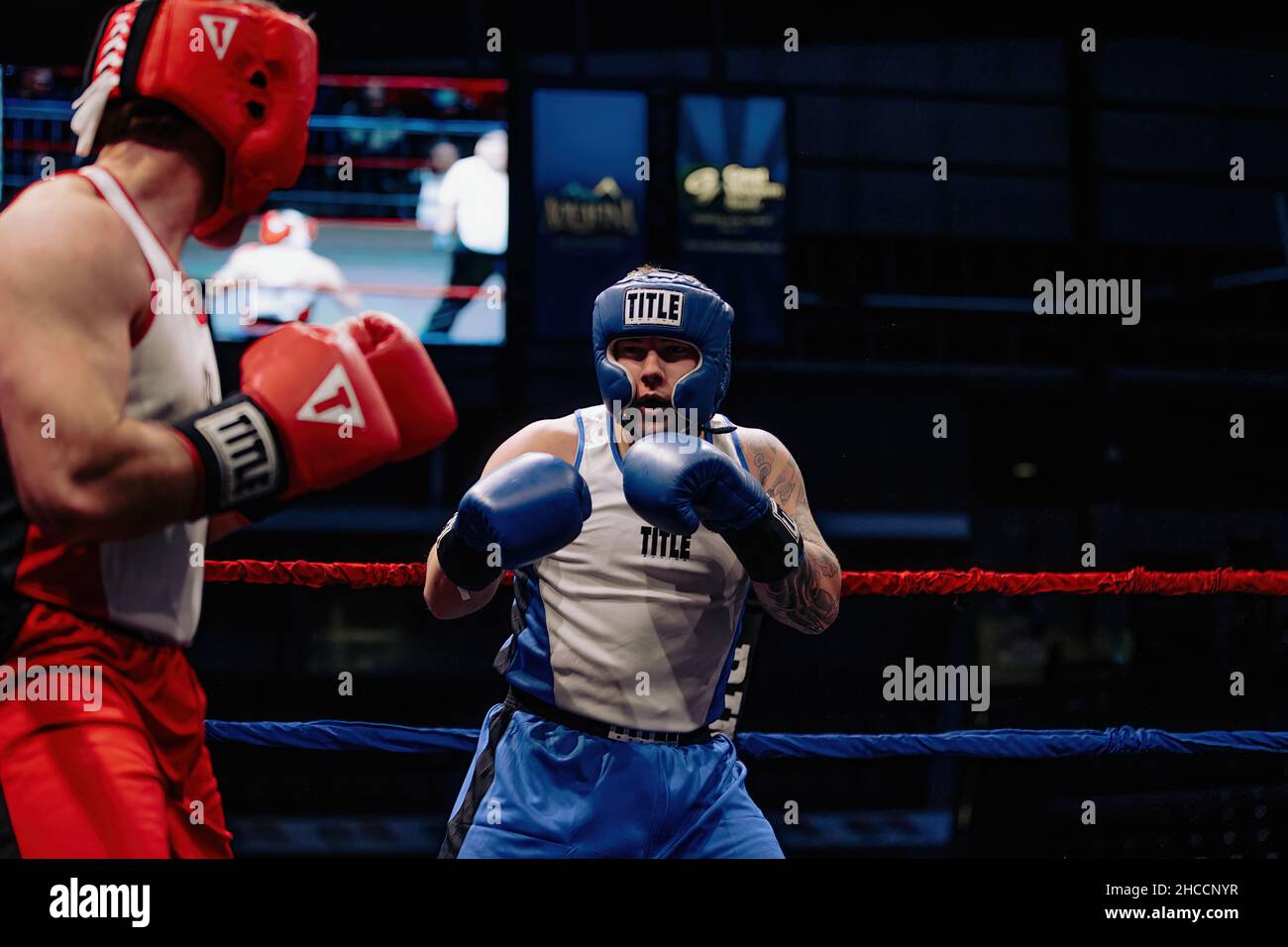 Partita di boxe amatoriale a Omaha, Nebraska, USA Foto Stock