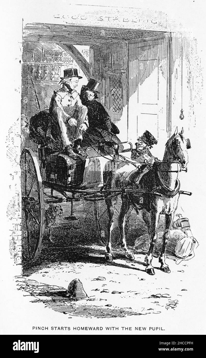 Incisione di due persone che cavalcano in una carrozza, una scena di un libro di epoca vittoriana di Charles Dickens, pubblicato intorno al 1908 Foto Stock