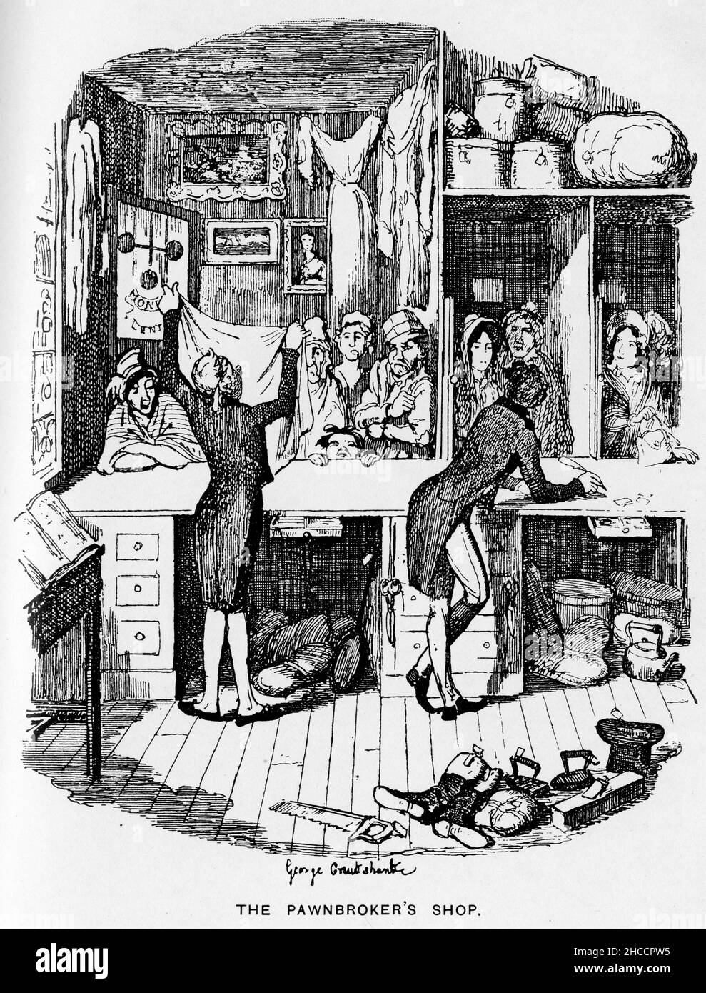Incisione della bottega del pawnbroker, una scena di un libro di epoca vittoriana di Charles Dickens, pubblicato intorno al 1908 Foto Stock