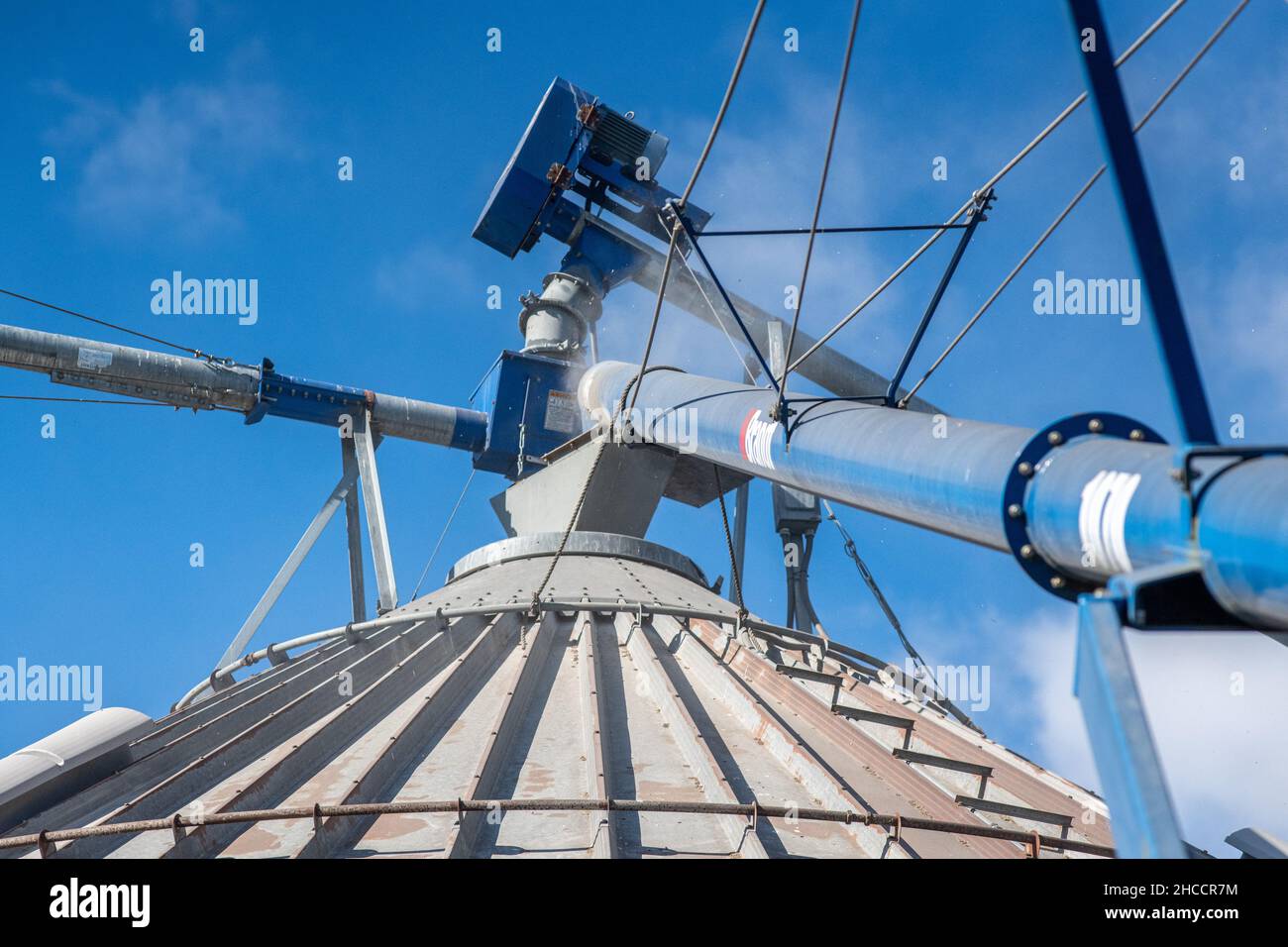 Un elevatore granella pronto per trasferire il raccolto Foto Stock