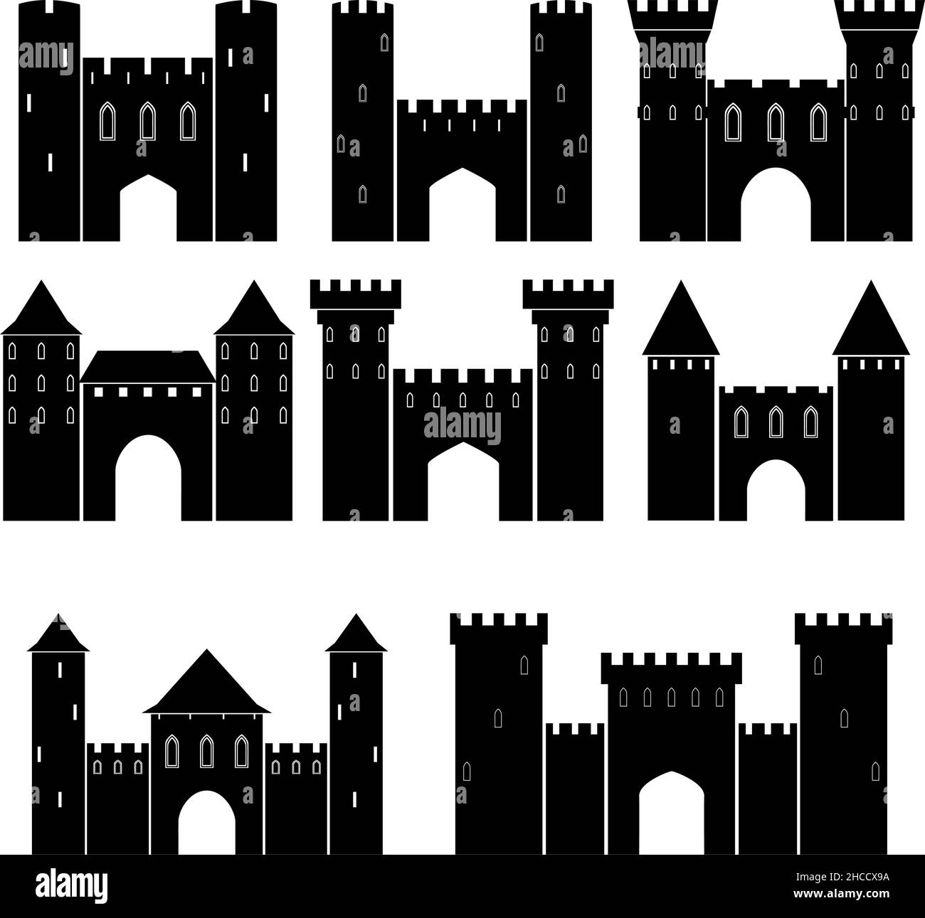 Insieme di castelli medievali, illustrazione vettoriale Illustrazione Vettoriale