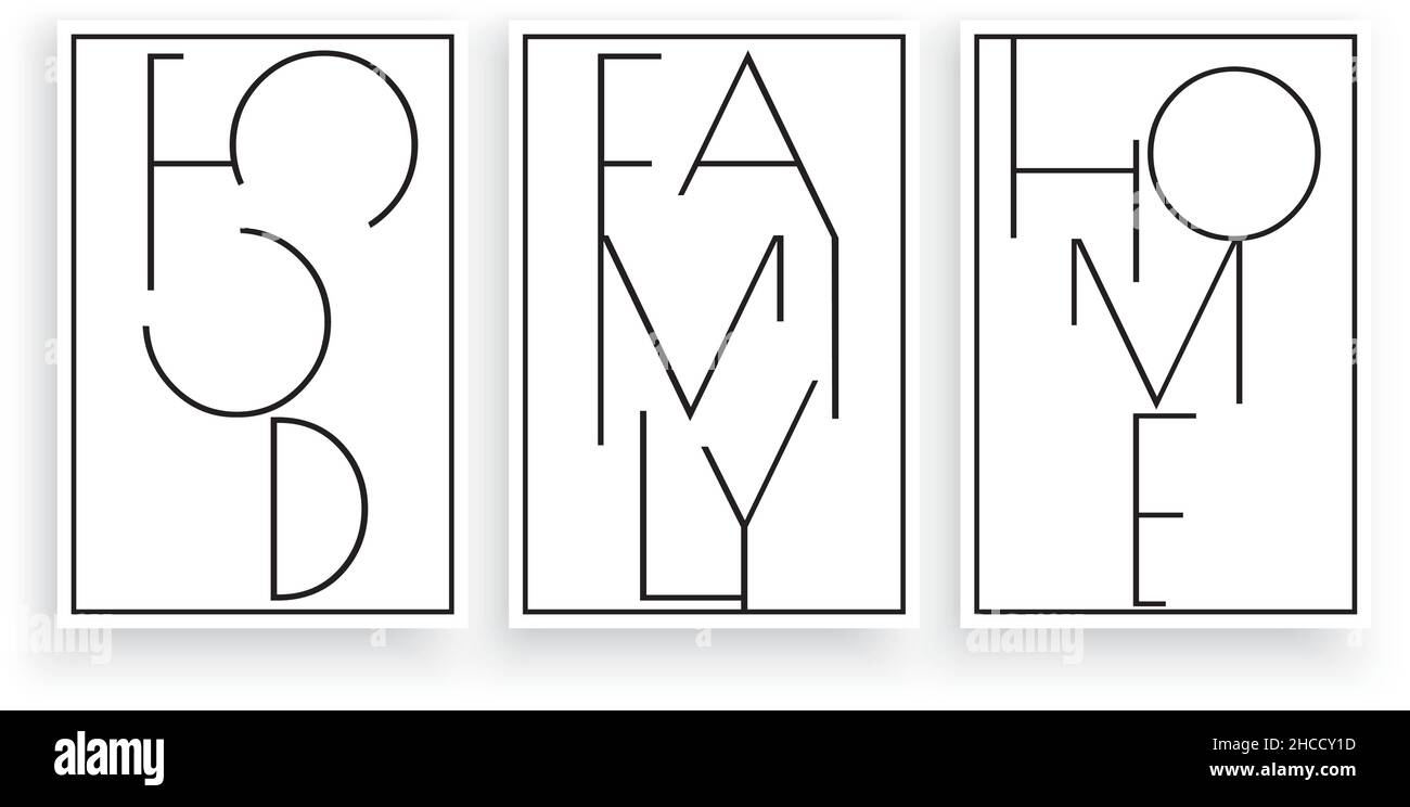 Famiglia alimentare casa, vettore. Design minimalista in tre pezzi. Opere d'arte della parete scandinave, decorazioni delle pareti. Design della dicitura isolato sul dorso bianco Illustrazione Vettoriale