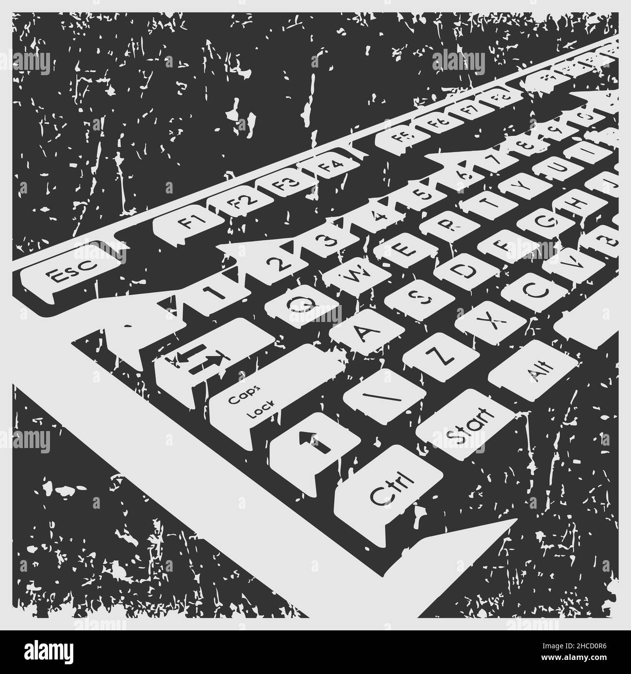 Illustrazione vettoriale stilizzata di un poster retrò di primo piano della tastiera meccanica Illustrazione Vettoriale