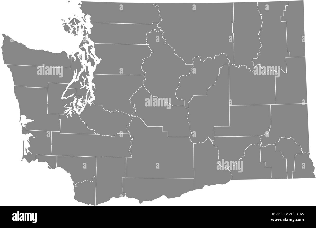 Mappa amministrativa del vettore grigio dello Stato federale di Washington, USA con confini bianchi delle sue contee Illustrazione Vettoriale