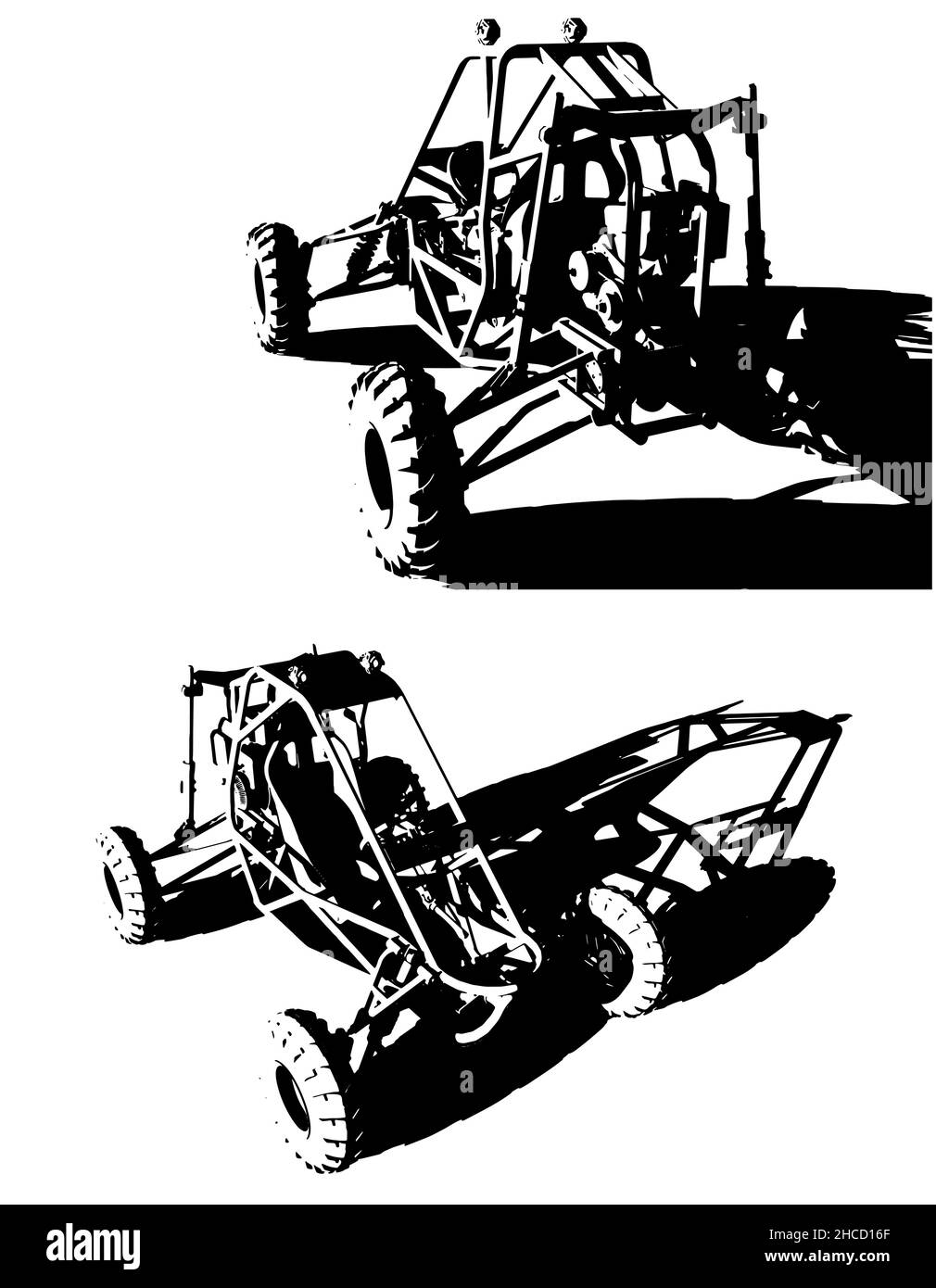 Le illustrazioni vettoriali stilizzate si ispirano al tema delle corse fuoristrada in buggy Illustrazione Vettoriale
